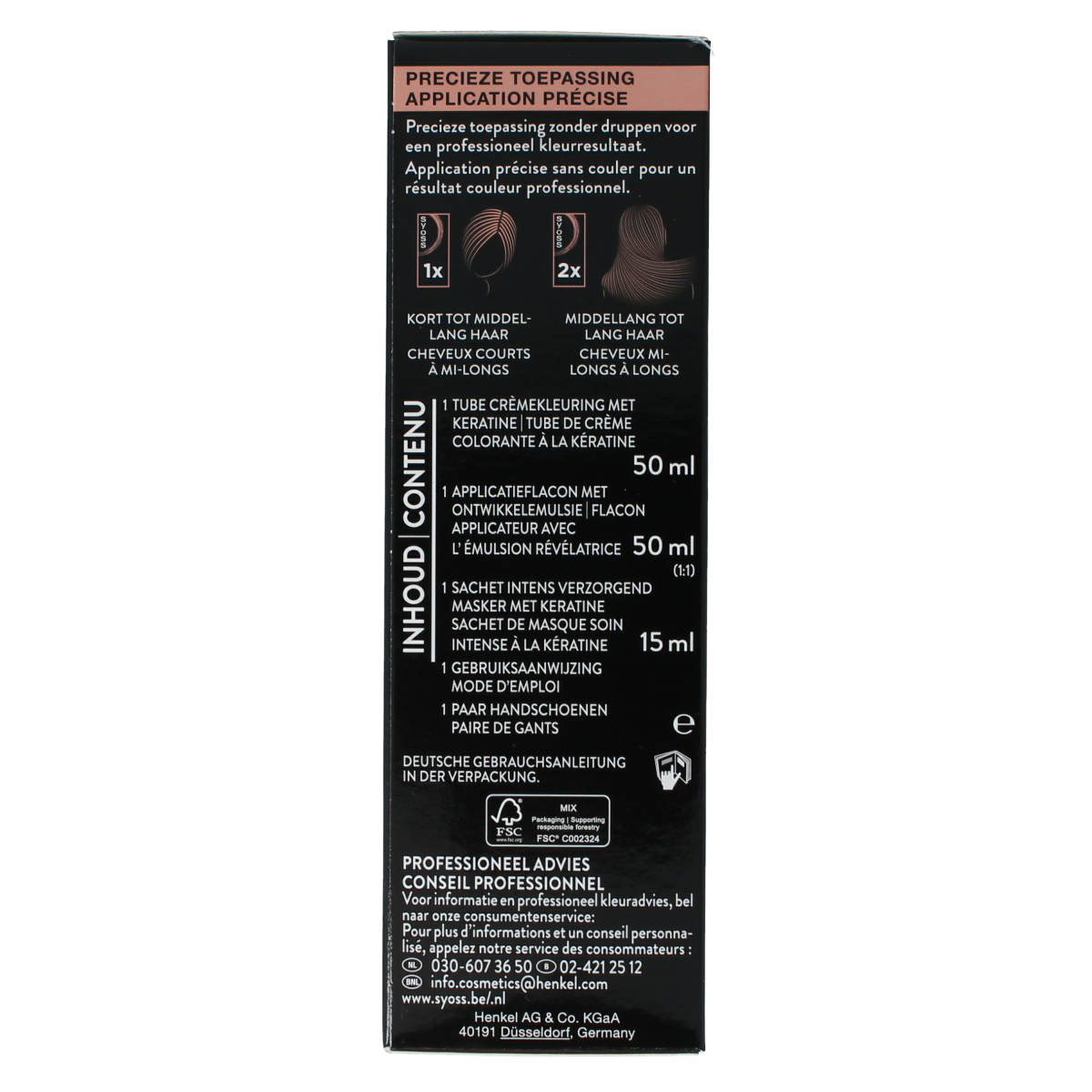 Syoss Color Baseline 3-28 dark chocolate hair coloring set, includes hair dye and applicator tools for rich chocolate brown color.