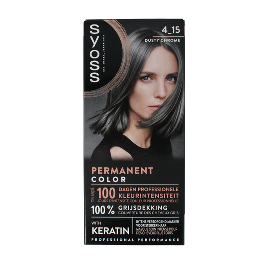 Syoss Color baseline 4-15 Dusty Chrome hair coloring set with a professional hair dye kit and applicator bottles.
