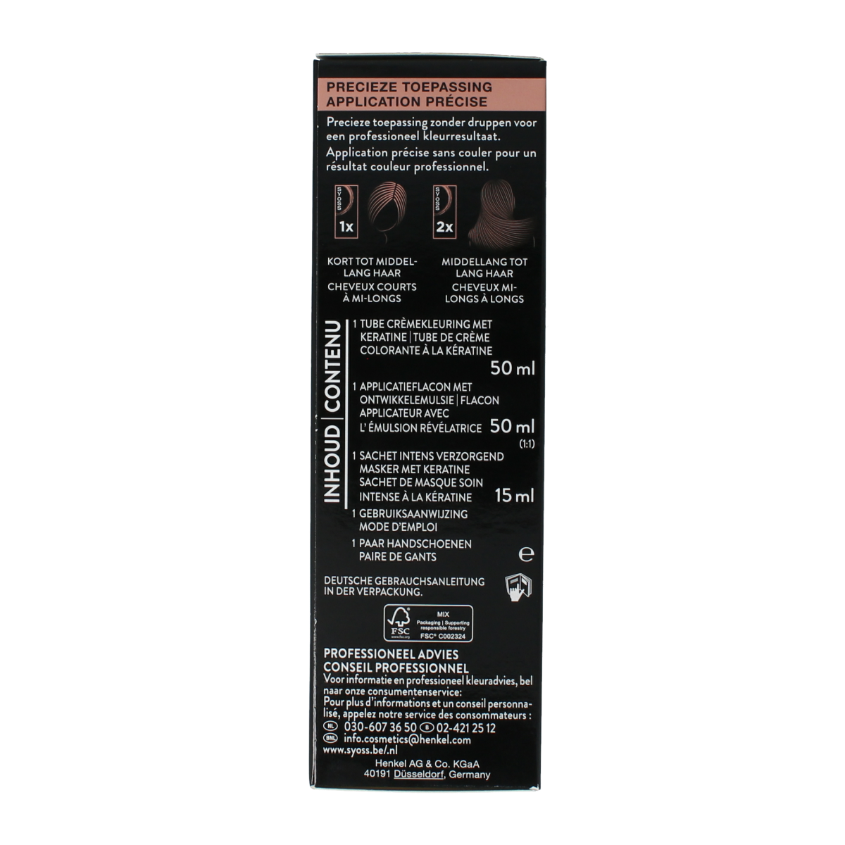Syoss Color Baseline 4-15 Dusty Chrome hair coloring kit with gloves and applicator tools on a white background.