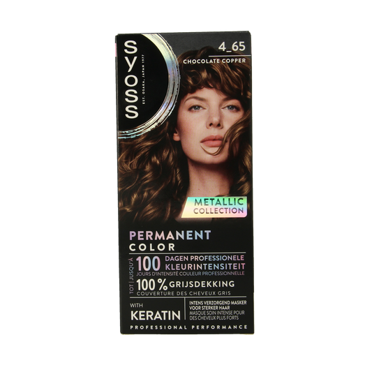 Syoss Metallics 4-65 chocolate copper hair dye kit showing the box and hair coloring product for vibrant copper tones.