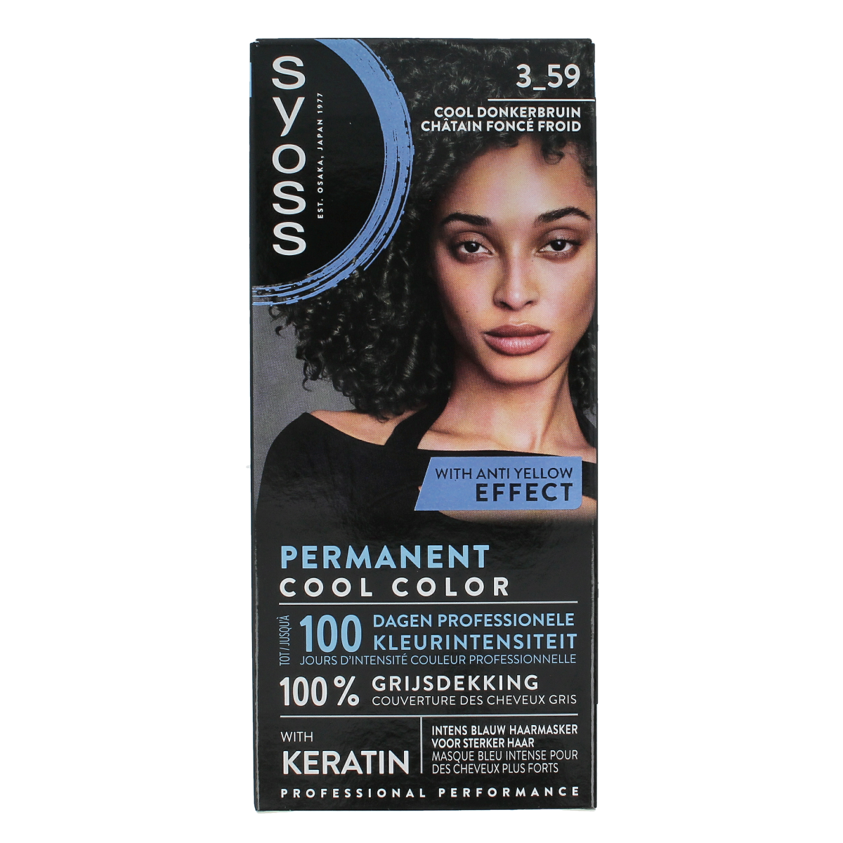 Syoss Permanent Cool Color 3-59 donkerbruin hair dye box showing the product packaging and brand logo.