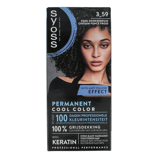 Syoss Permanent Cool Color 3-59 donkerbruin hair dye box showing the product packaging and brand logo.