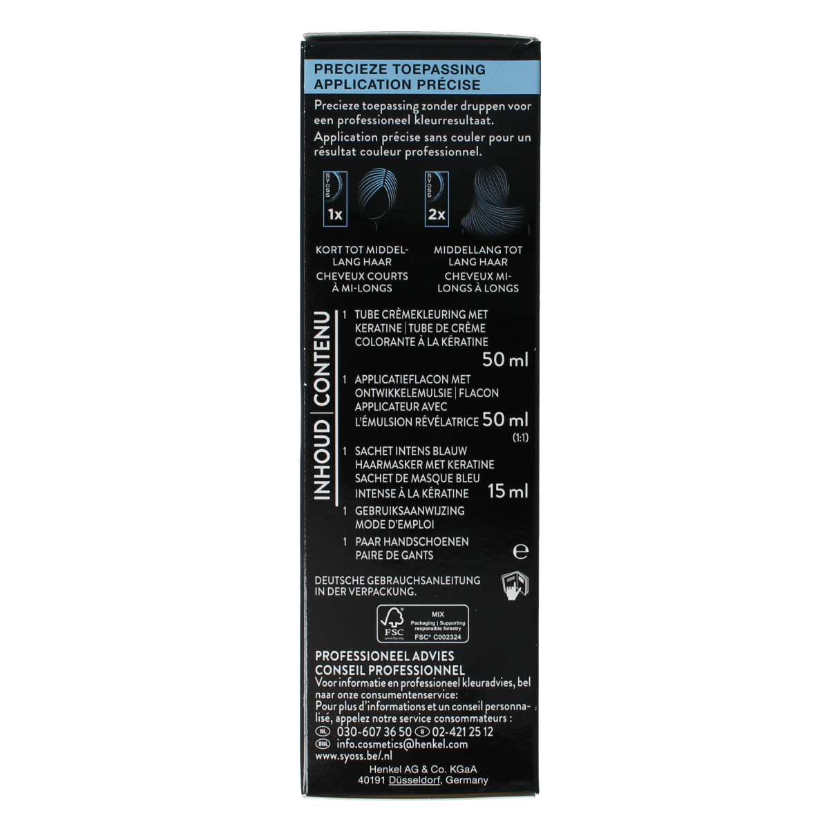 Syoss Permanent Cool Color 3-59 donkerbruin hair dye in a box with applicator and instructions