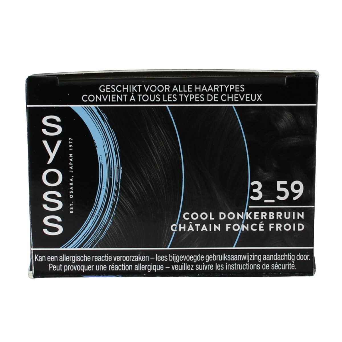 Syoss Permanent Cool Color 3-59 donkerbruin hair dye in a box, showing the product packaging with brand and color information.