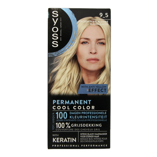 Syoss Color baseline 9-5 frozen blond 1.00 hair dye set showing the box and packaging for hair coloring.