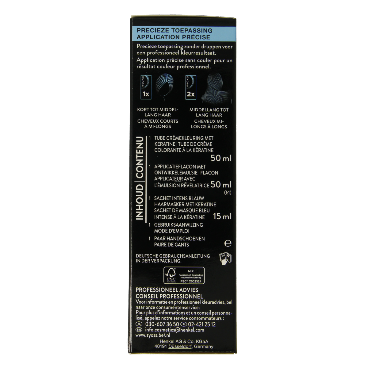 Syoss Color baseline 9-5 frozen blond hair coloring set with box and hair swatches, showcasing the product packaging and color samples.