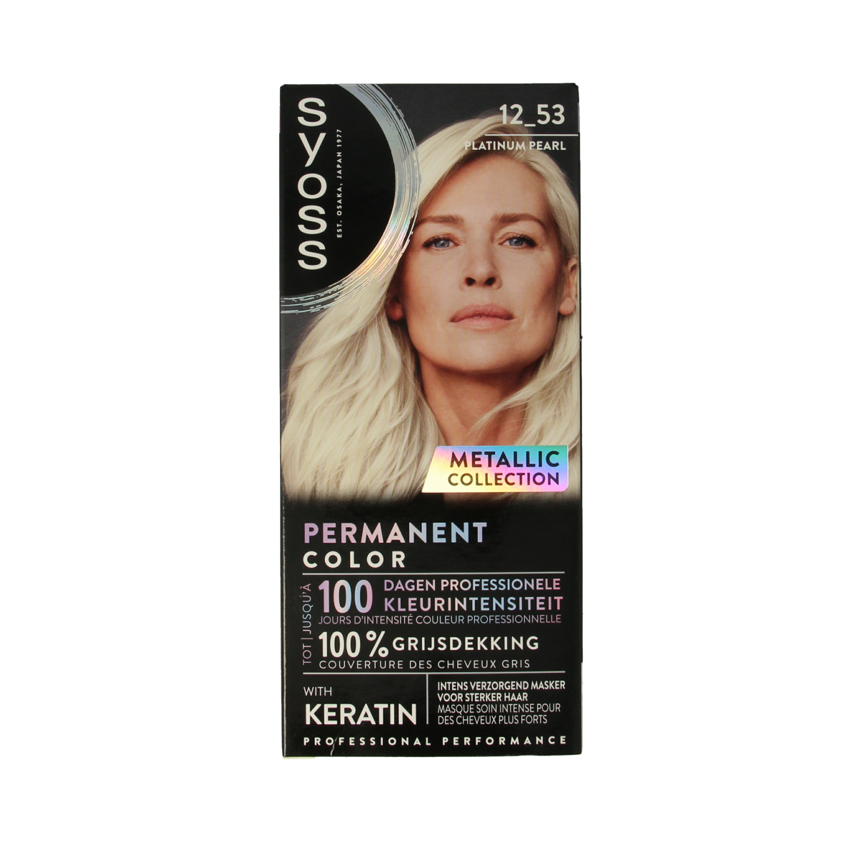 Syoss Metallics 12-53 platinum pearl hair coloring set with box and applicator, showcasing the packaging and product details.