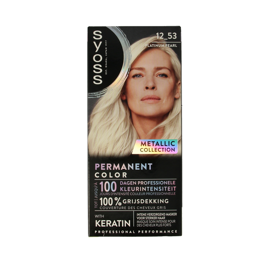 Syoss Metallics 12-53 platinum pearl hair coloring set with box and applicator, showcasing the packaging and product details.