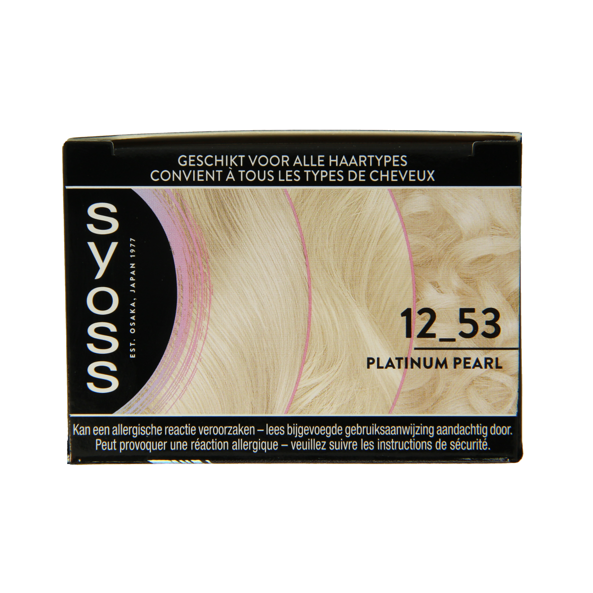 Syoss Metallics 12-53 platinum pearl hair coloring set showing a box with silver and pearl-toned hair dye products.