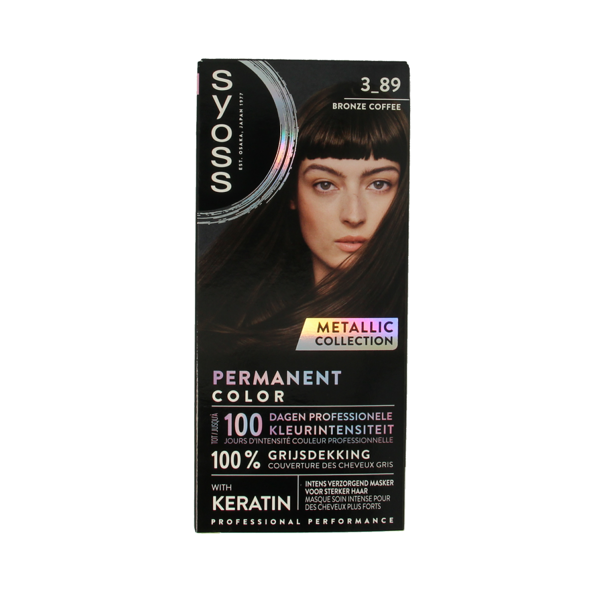 Syoss Metallics 3-89 bronze coffee hair coloring set with a box and hair dye tube for vibrant, metallic bronze hair.