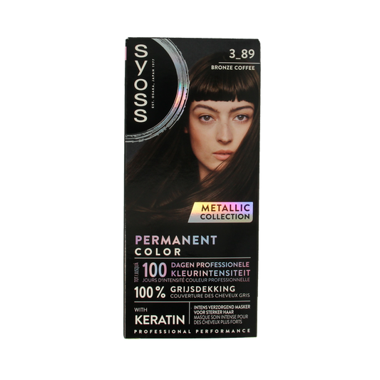 Syoss Metallics 3-89 bronze coffee hair coloring set with a box and hair dye tube for vibrant, metallic bronze hair.