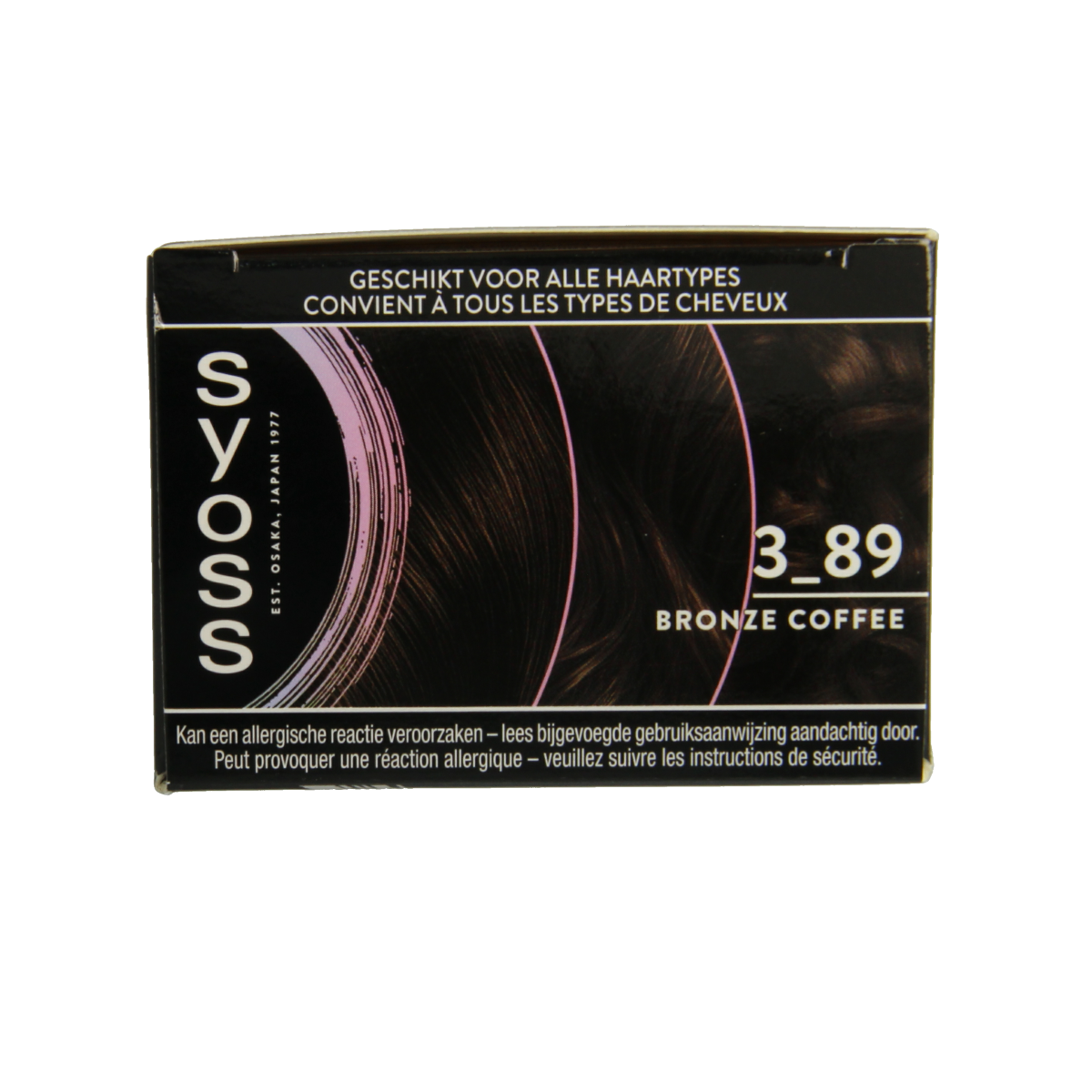 Syoss Metallics 3-89 bronze coffee hair coloring set showing the box and instructions for vibrant hair color application.