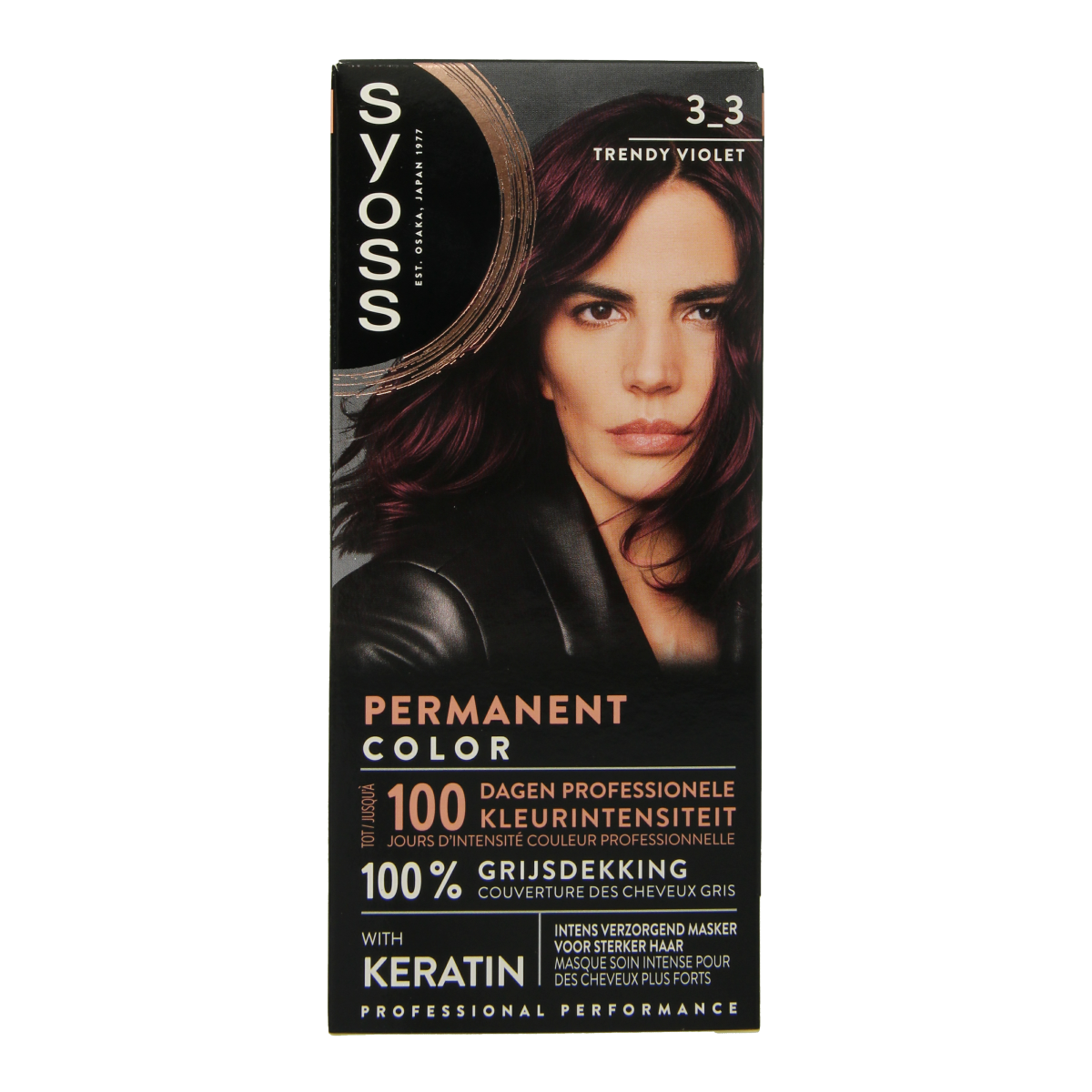 Syoss Colors baseline 3-3 dark violet hair coloring set with tubes, gloves, and instructions for at-home hair dye application.