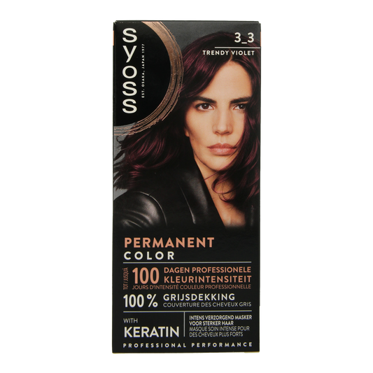 Syoss Colors baseline 3-3 dark violet hair coloring set with tubes, gloves, and instructions for at-home hair dye application.