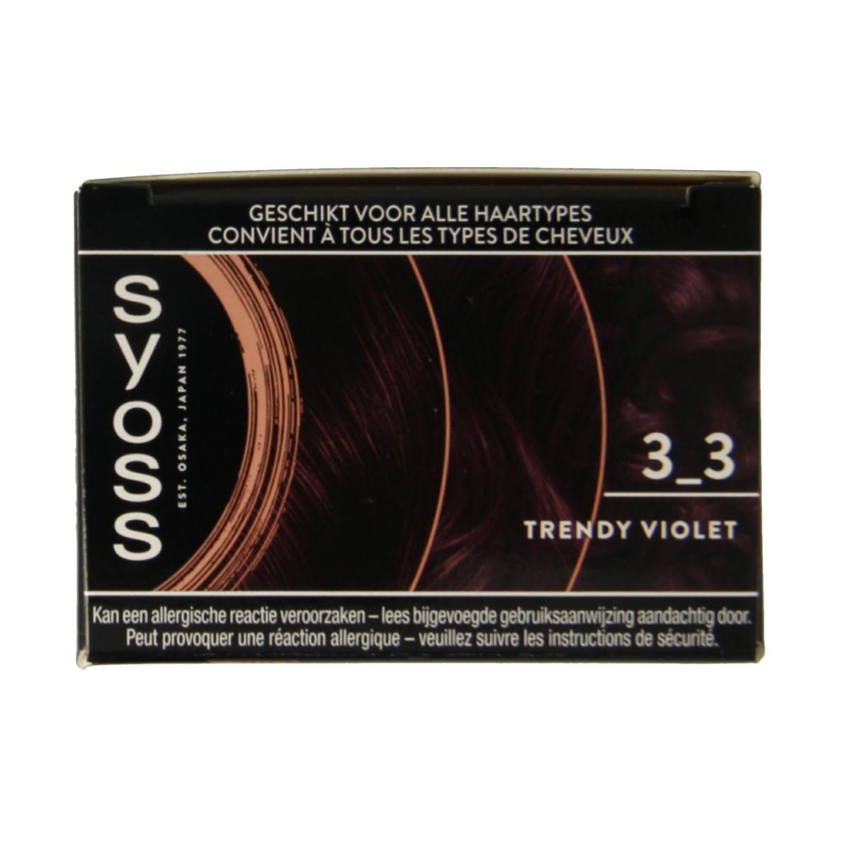 Syoss Colors baseline 3-3 dark violet hair coloring set featuring a tube of violet hair dye and applicator tools.