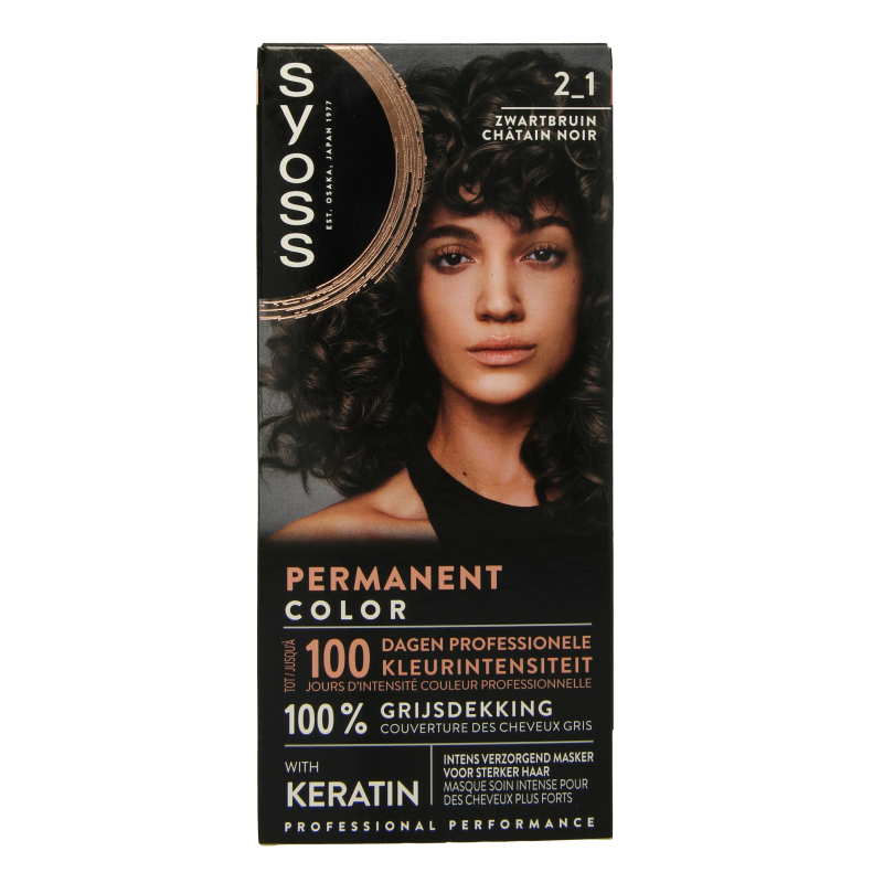 Syoss Color Baseline 2-1 zwart bruin hair coloring set, showing box with hair dye product and applicator instructions.
