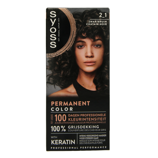 Syoss Color Baseline 2-1 zwart bruin hair coloring set, showing box with hair dye product and applicator instructions.