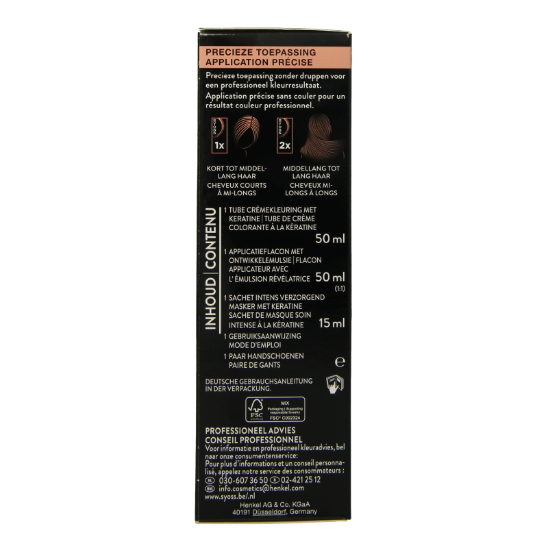 Syoss Color baseline 2-1 zwart bruin hair dye set showing a box with hair coloring products and instructions