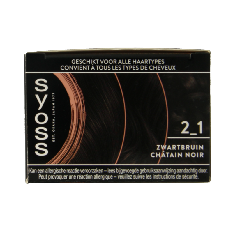 Syoss Color baseline 2-1 zwart bruin hair coloring set showing a box with hair dye and application tools