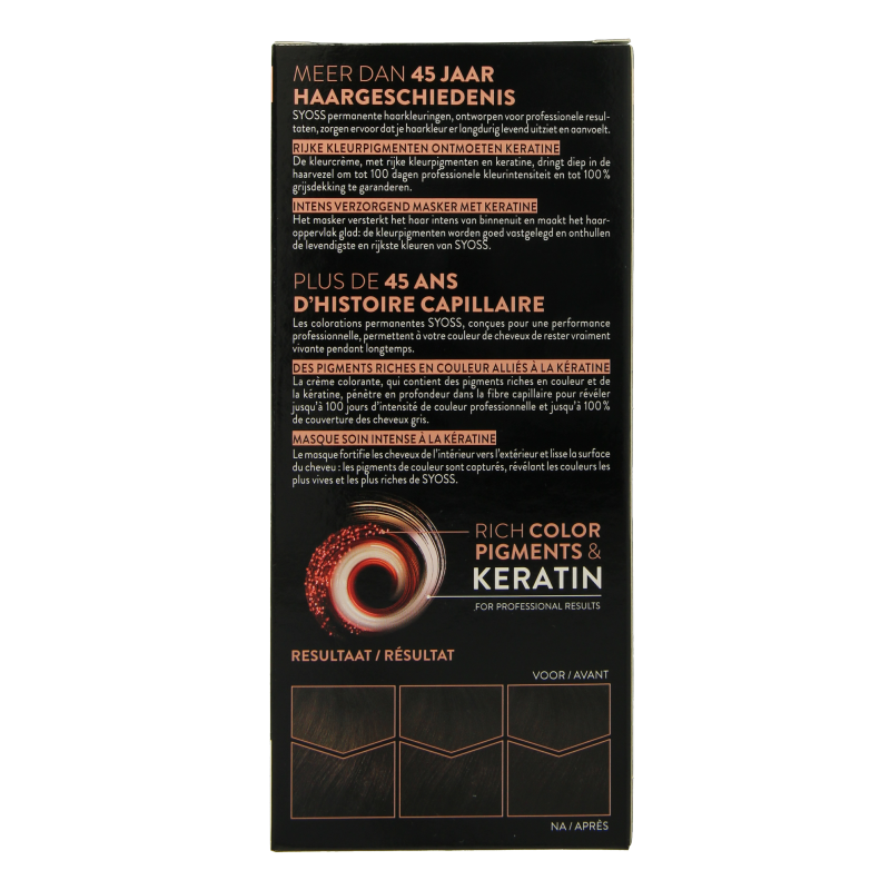 Syoss Color Baseline 2-1 zwart bruin hair dye kit showing boxed product with application instructions and color swatch.