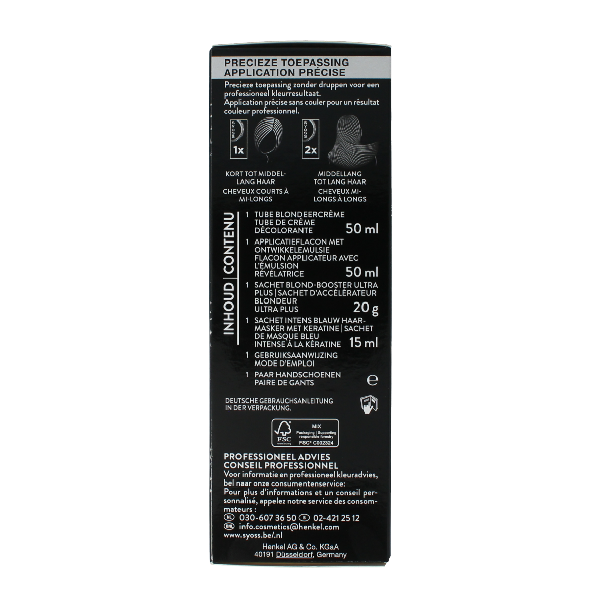 Syoss Color Baseline 13-0 Ultra Plus Lightener 1.00 set for hair bleaching and coloring.