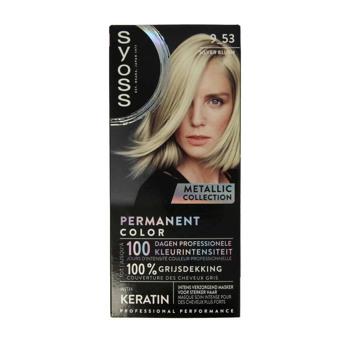 Syoss Metallics 9-53 Silver Blush hair coloring kit with a box and applicator bottles, showcasing the product packaging.