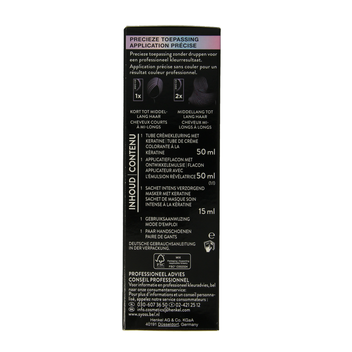 Syoss Metallics 9-53 silver blush hair dye kit showing the box and hair color swatch for metallic silver and blush tones.