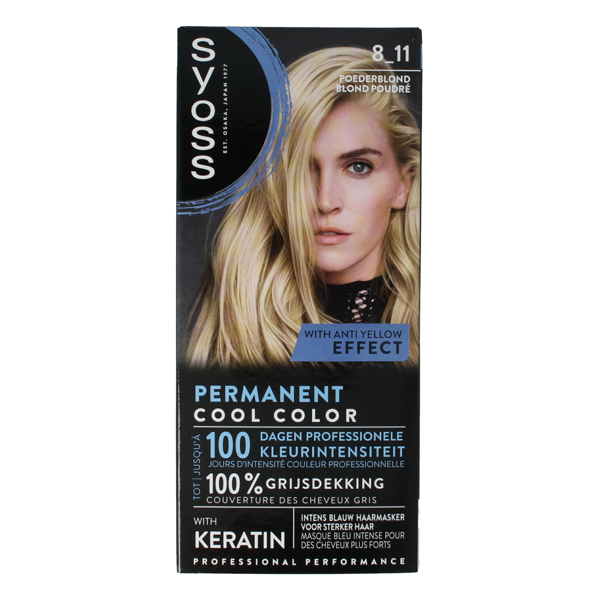 Syoss Permanent Cool Color 8-11 Powder Blonde hair dye set with applicator brush and gloves for professional hair coloring.