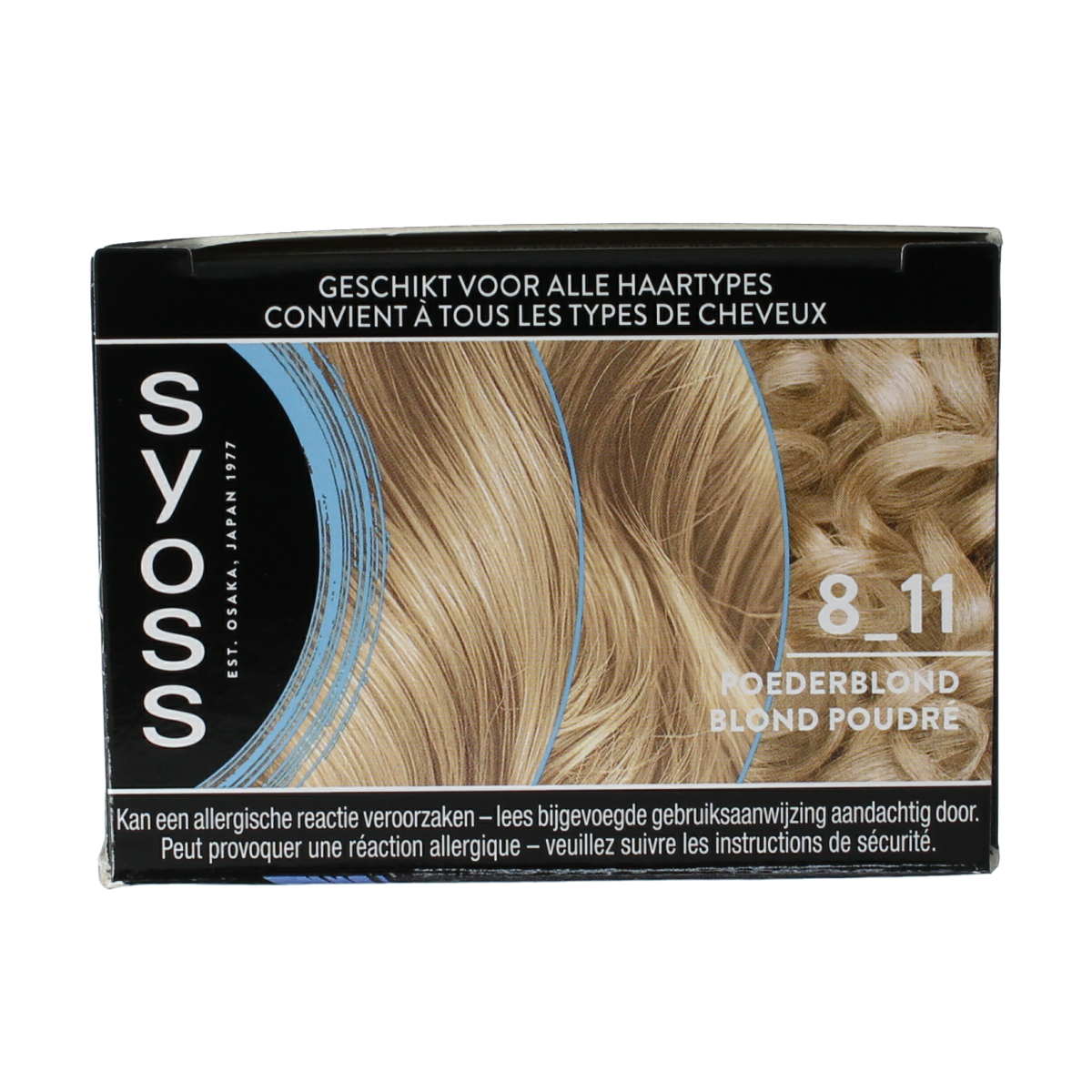 Syoss Permanent Cool Color 8-11 Poederblond hair dye box, showcasing the packaging and product details for hair coloring.