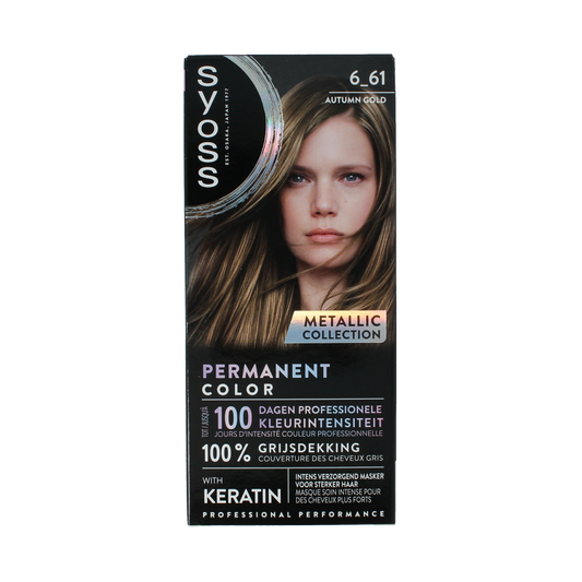 Syoss Metallics 6-61 Autumn Gold hair dye set with hair color cream and developer bottles for metallic blonde hair coloring.