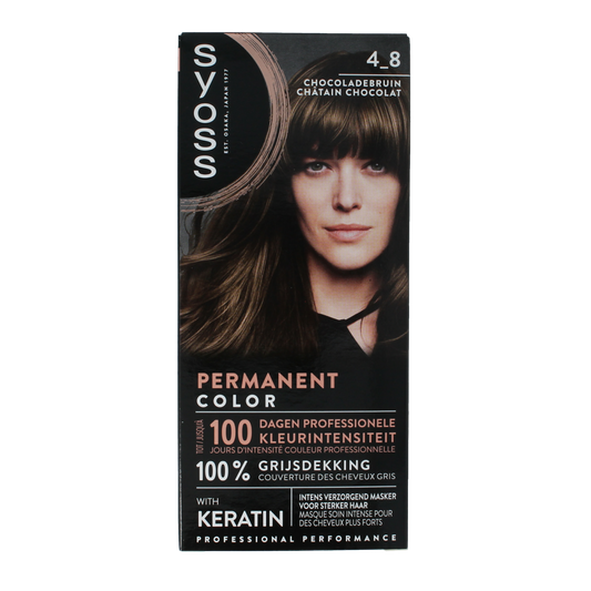 Syoss Color baseline 4-8 choco brown hair coloring set with tubes and applicator for professional hair dyeing.