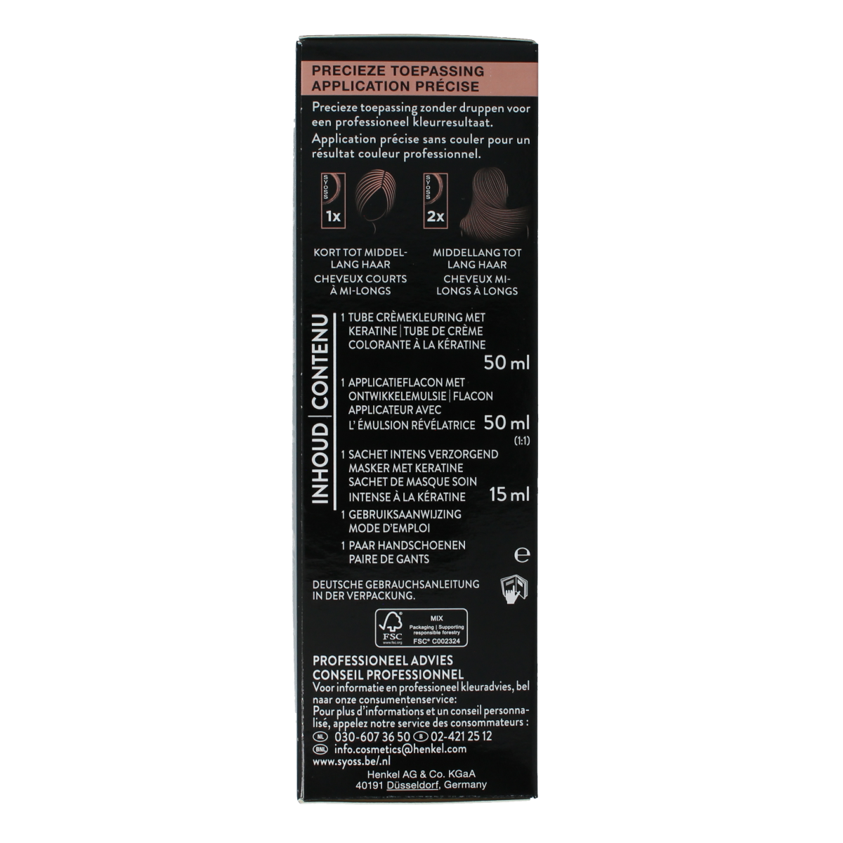 Syoss Color Baseline 4-8 Choco Brown hair coloring kit with applicator and instructions in the set.