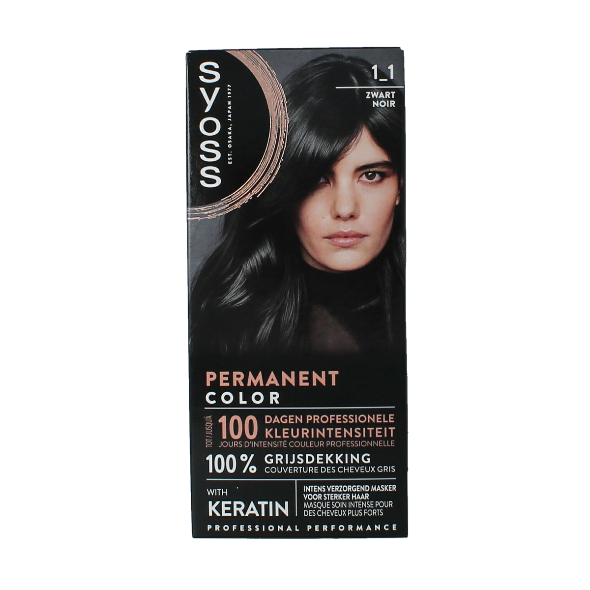 Syoss Color Baseline 1-1 black hair dye set, showing the product packaging and coloring tubes for home hair coloring.