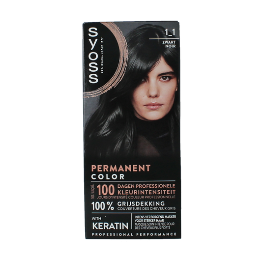 Syoss Color Baseline 1-1 black hair dye set, showing the product packaging and coloring tubes for home hair coloring.