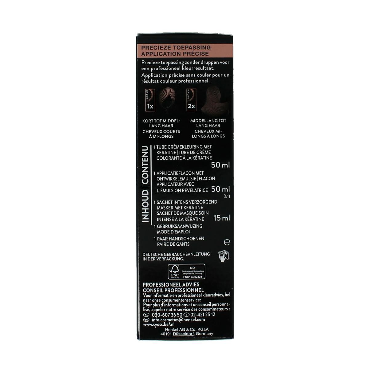 Syoss Color baseline 1-1 black hair dye set showing the box and application instructions