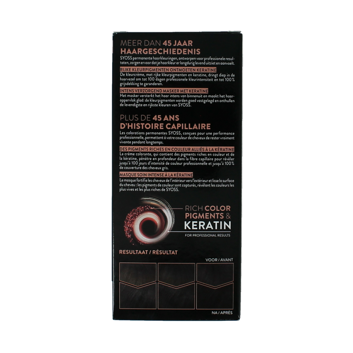 Syoss Color Baseline 1-1 black hair dye set showing a tube and gloves for at-home hair coloring.