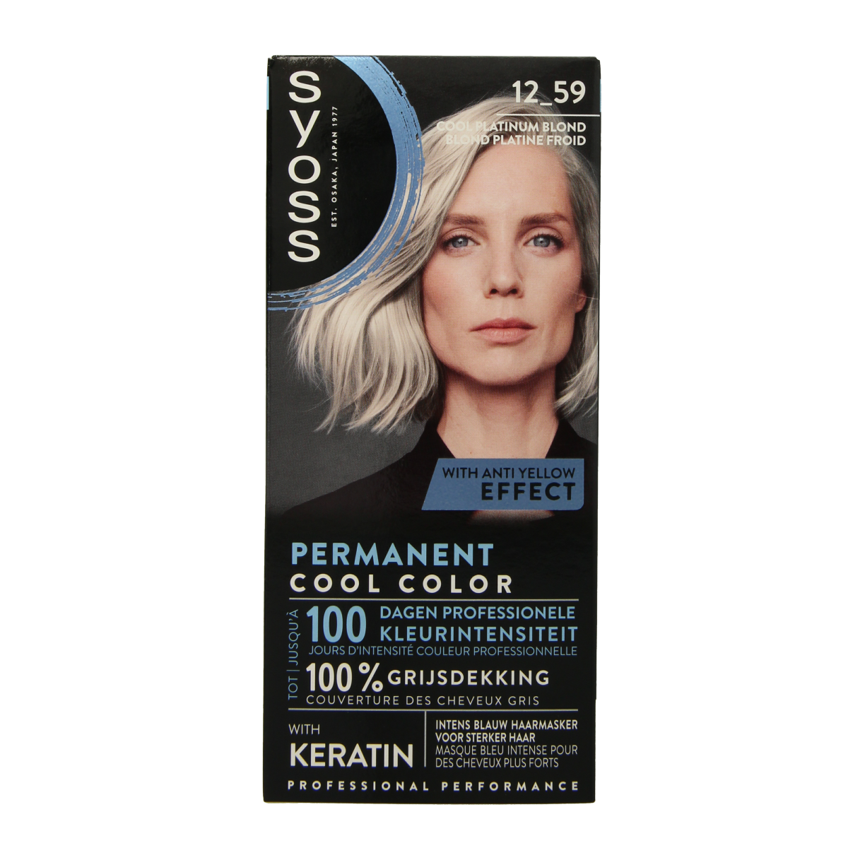 Syoss Colors 12-59 platinum cool blond hair dye set with applicator and gloves, for professional hair coloring results.