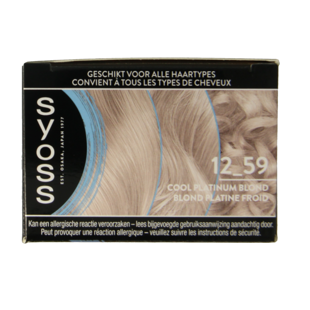 Syoss Colors 12-59 Platinum Cool Blonds hair coloring kit with developer and gloves, designed for cool blonde hair shades.