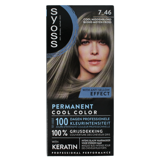 Syoss permanent cool color 7-46 middenblond hair dye set with bottles and applicator for hair coloring.