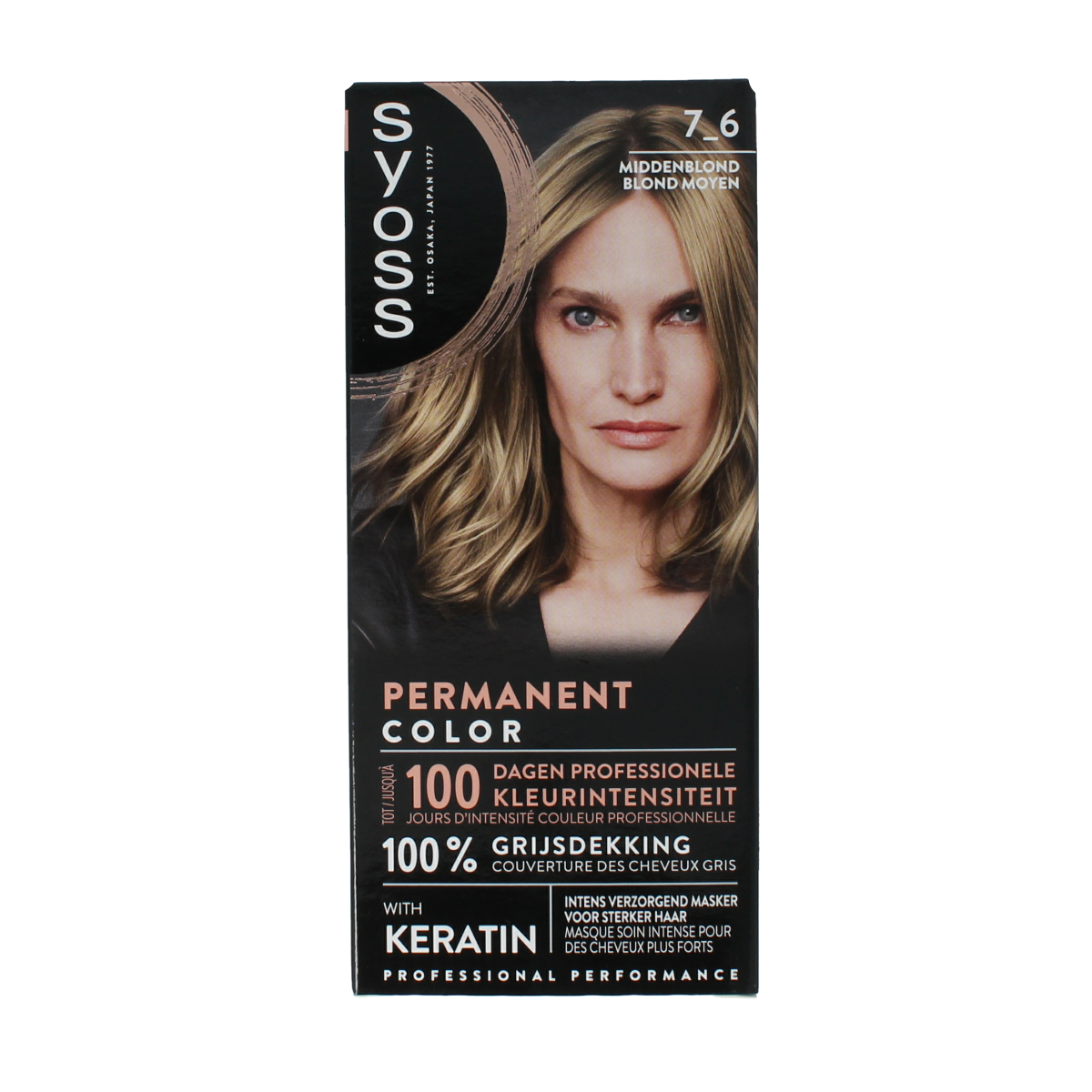Syoss Color baseline 7-6 middle blond hair dye set showing a box of hair coloring kit with blonde shades and application instructions.