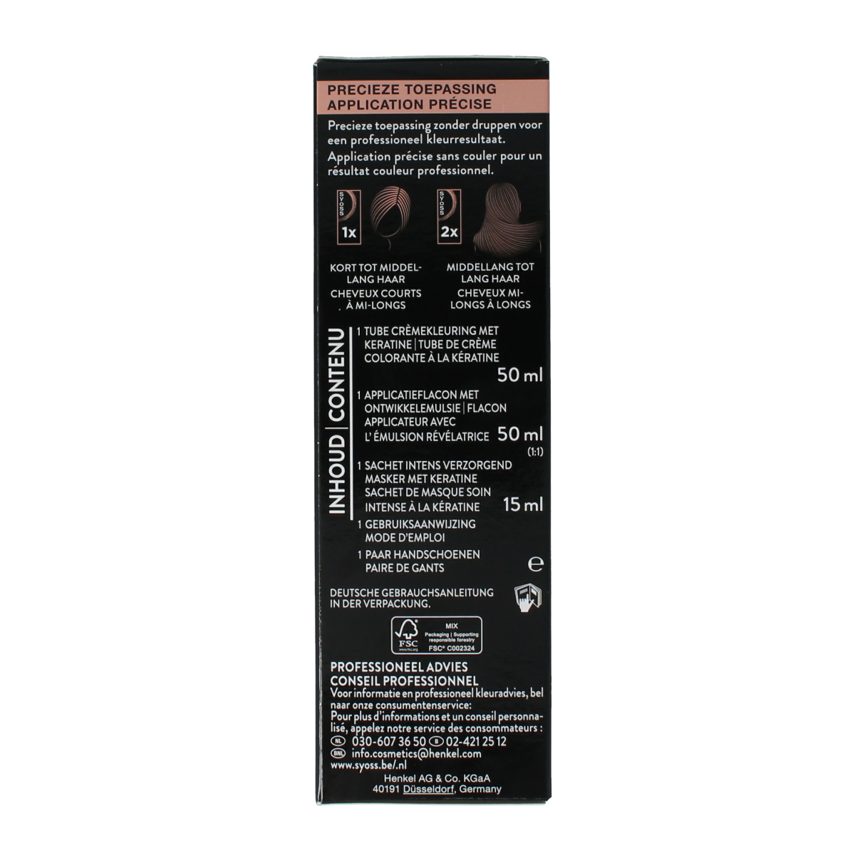 Syoss Color baseline 7-6 middle blond hair coloring set showing a box with hair dye and application tools.