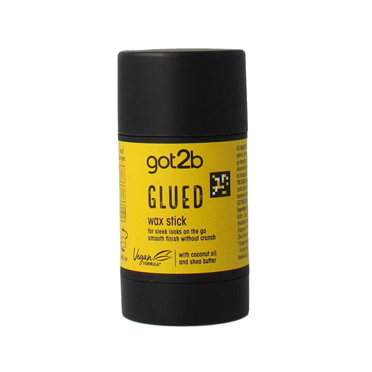 Got2b Glued wax stick for hair styling, 50g, featuring a sleek black container with a screw-on lid and the Got2b logo.