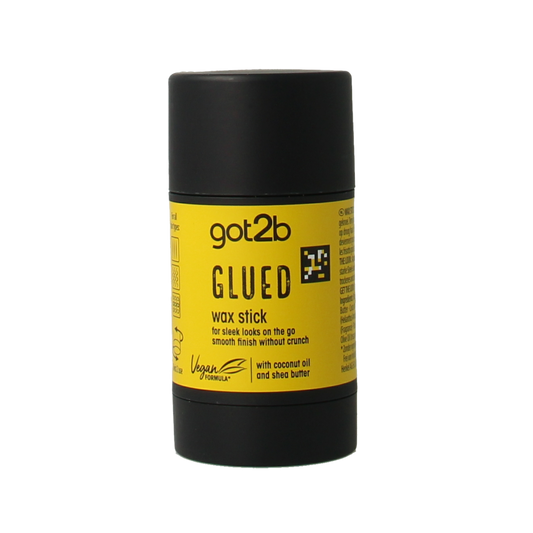 Got2b Glued wax stick for hair styling, 50g, featuring a sleek black container with a screw-on lid and the Got2b logo.