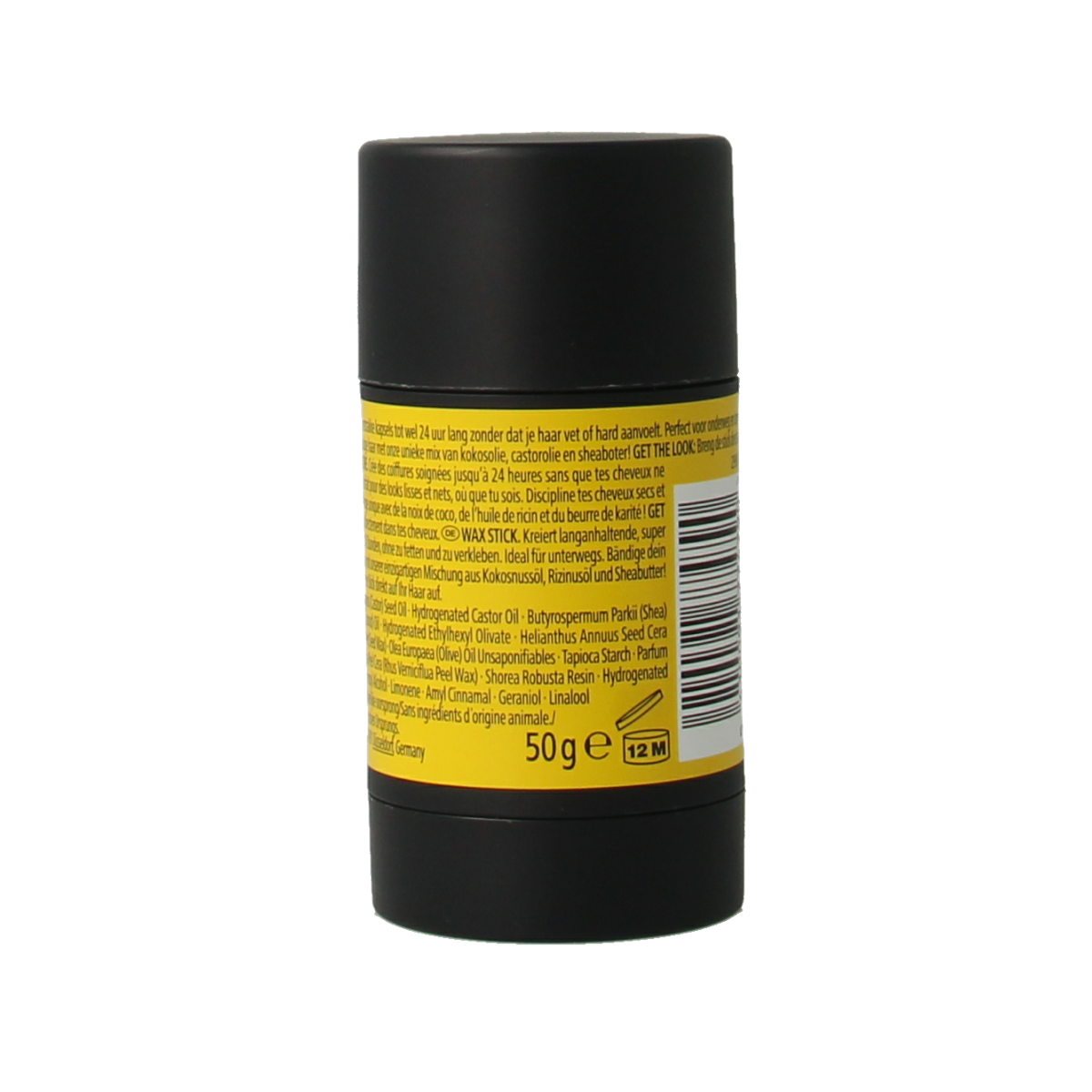 Got2b Glued wax stick for hair styling, 50g, with a sleek black and yellow packaging, designed for strong hold and control.
