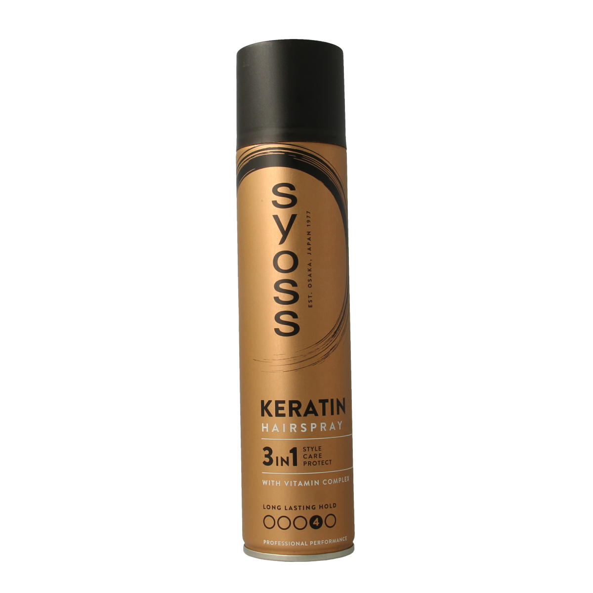 Syoss Keratin Hairspray 300ml for styling, featuring a spray bottle with a black cap and clear label, ideal for hold and shine.