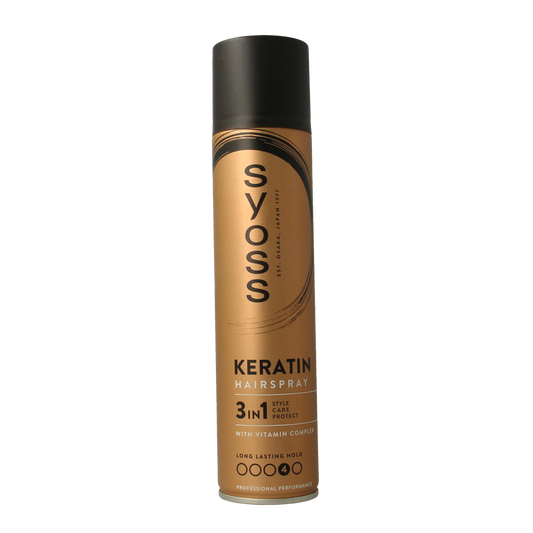 Syoss Keratin Hairspray 300ml for styling, featuring a spray bottle with a black cap and clear label, ideal for hold and shine.