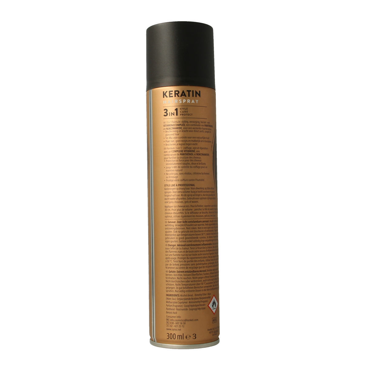 Syoss hairspray keratin 300ml for strong hold and shiny hair, featuring natural styling with keratin infusion.