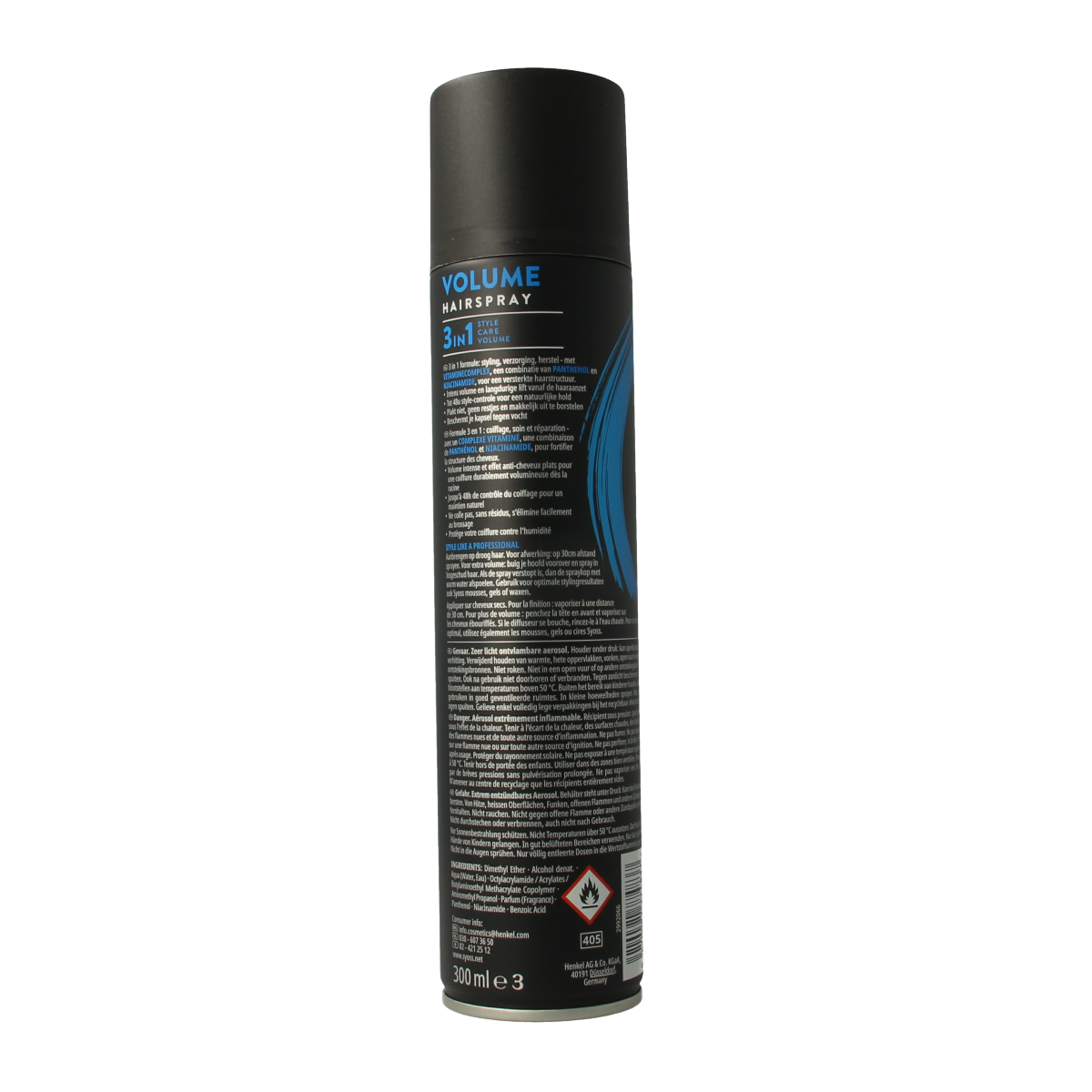 Syoss Hairspray Volume Lift 300ml bottle for hair styling, featuring a spray nozzle and volume-boosting formula.