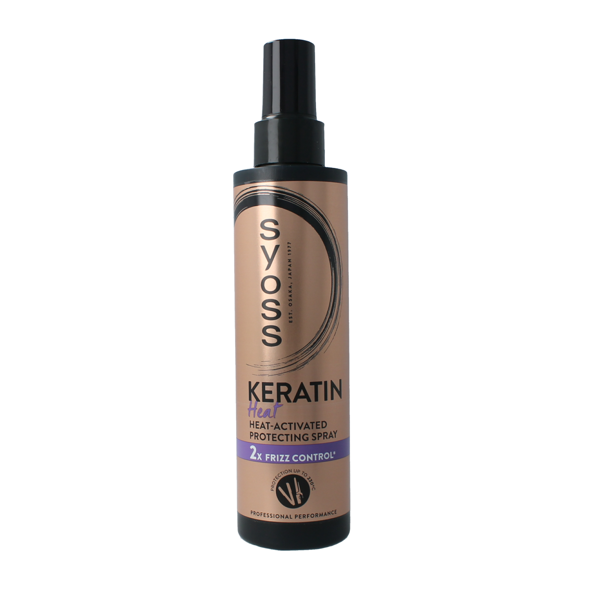 Syoss Keratine HeatProtection Spray 200ml for hair care, featuring a spray bottle with a pump for heat protection and keratin nourishment.