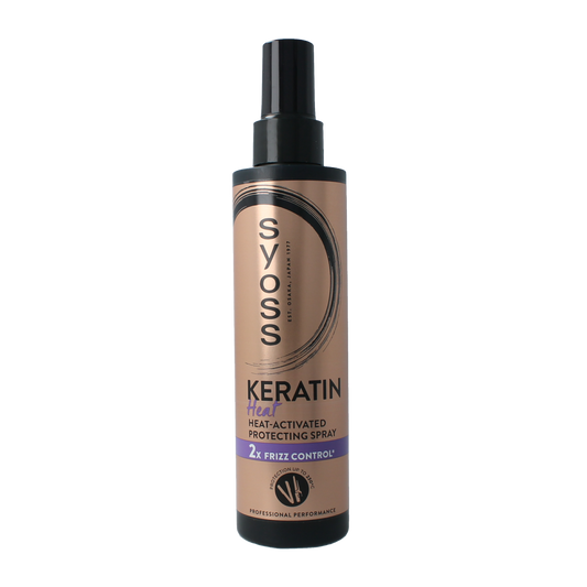 Syoss Keratine HeatProtection Spray 200ml for hair care, featuring a spray bottle with a pump for heat protection and keratin nourishment.